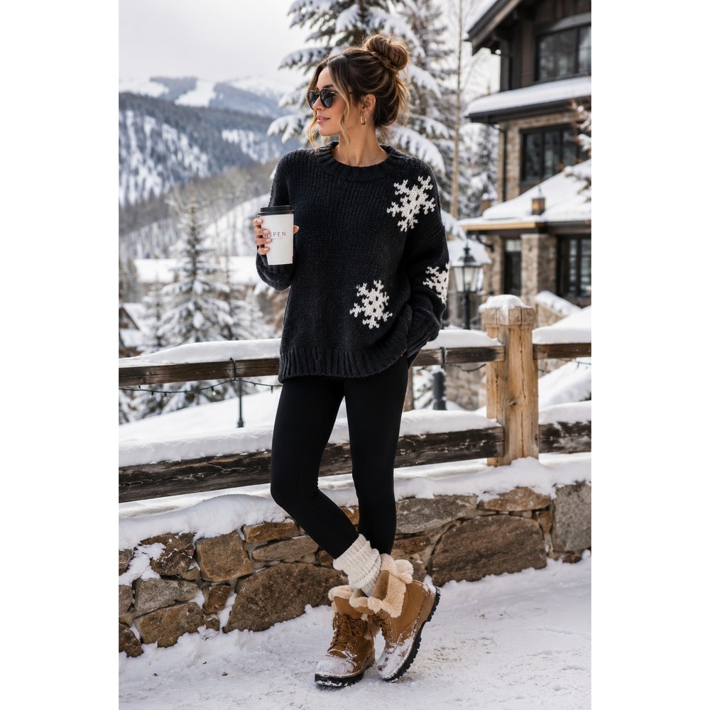 NWT Wooden Ships Snowflake Sweater M/L Black White Mohair Wool Chunky Knit